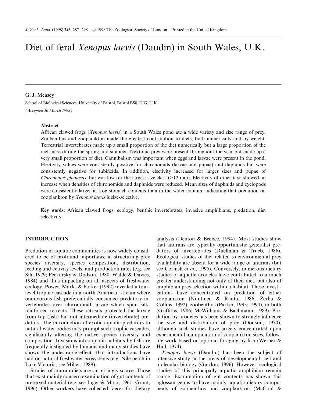 Diet of Feral Xenopus Laevis (Daudin) in South Wales, U.K