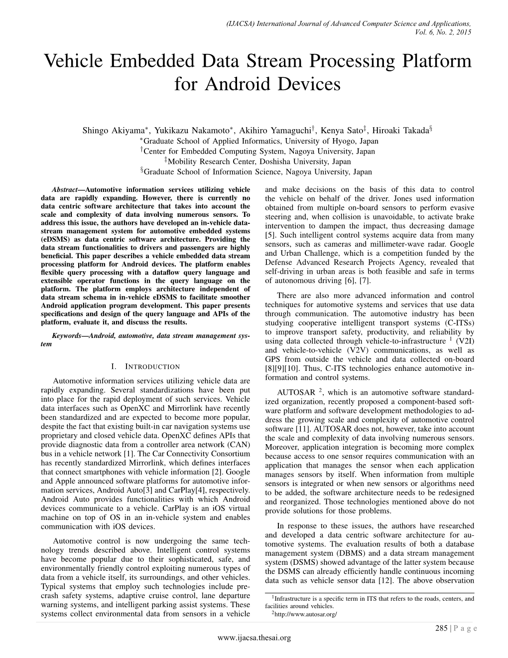 Vehicle Embedded Data Stream Processing Platform for Android Devices