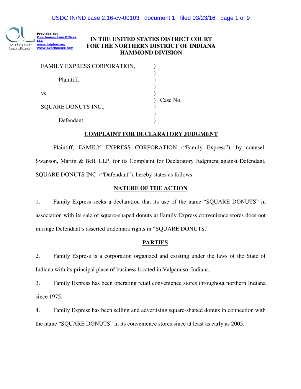 USDC IN/ND Case 2:16-Cv-00103 Document 1 Filed 03/23/16 Page 1 of 9