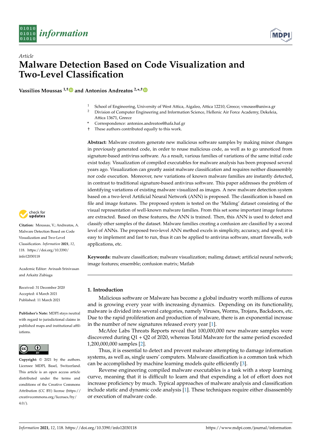 Malware Detection Based on Code Visualization and Two-Level Classiﬁcation