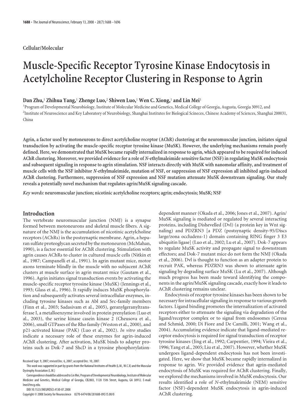 Muscle-Specific Receptor Tyrosine Kinase Endocytosis in Acetylcholine Receptor Clustering in Response to Agrin