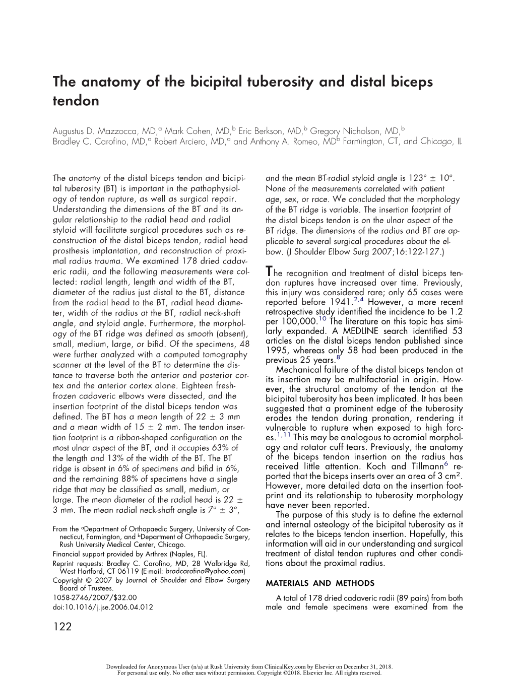 The Anatomy of the Bicipital Tuberosity and Distal Biceps Tendon