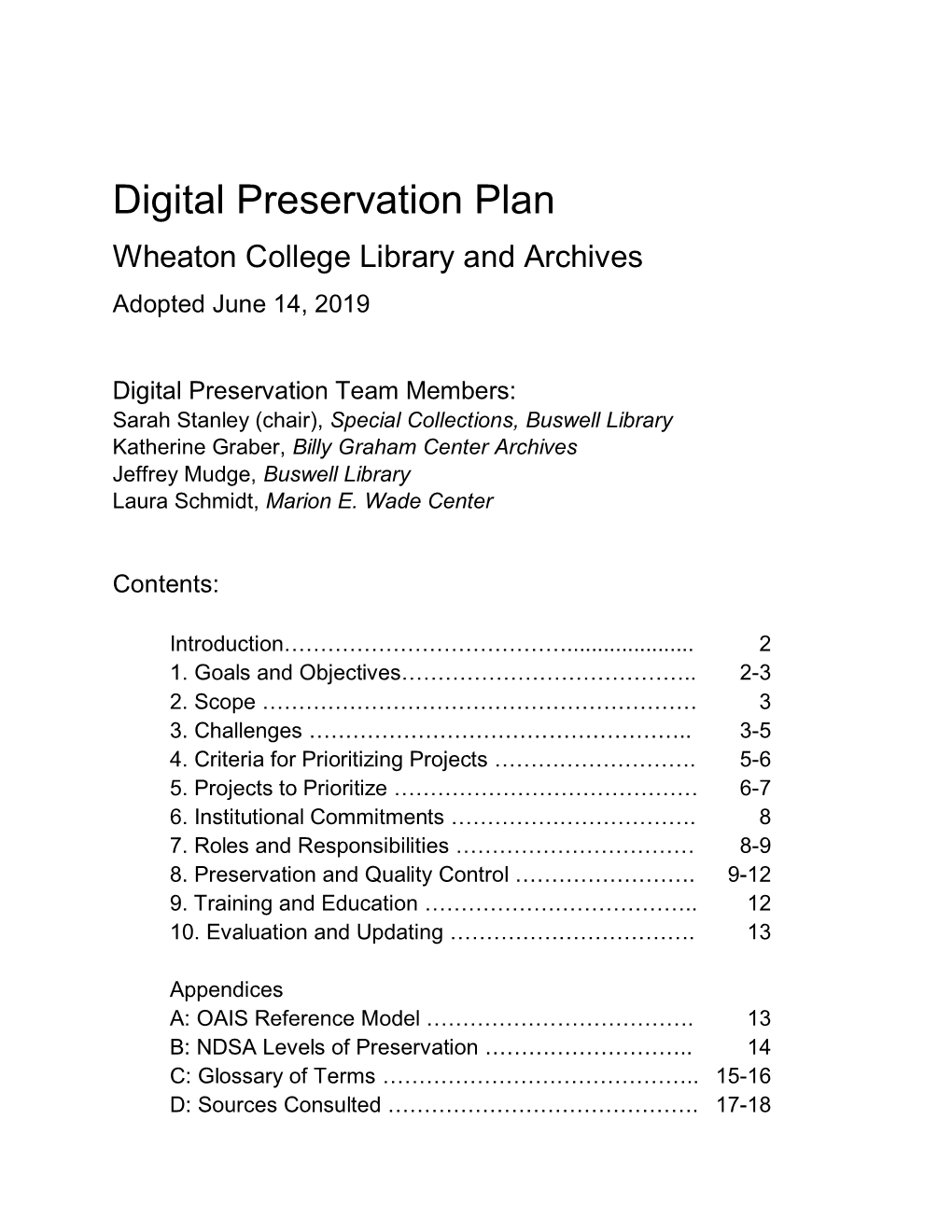 Digital Preservation Plan Wheaton College Library and Archives Adopted June 14, 2019