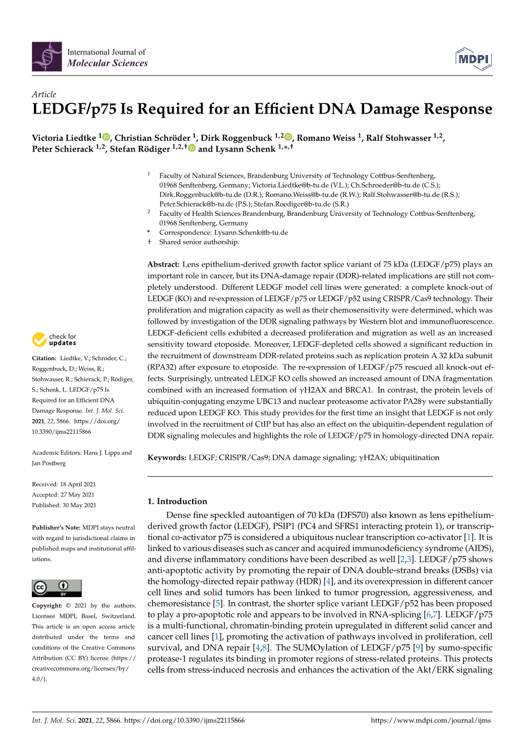 LEDGF/P75 Is Required for an Efficient DNA Damage Response