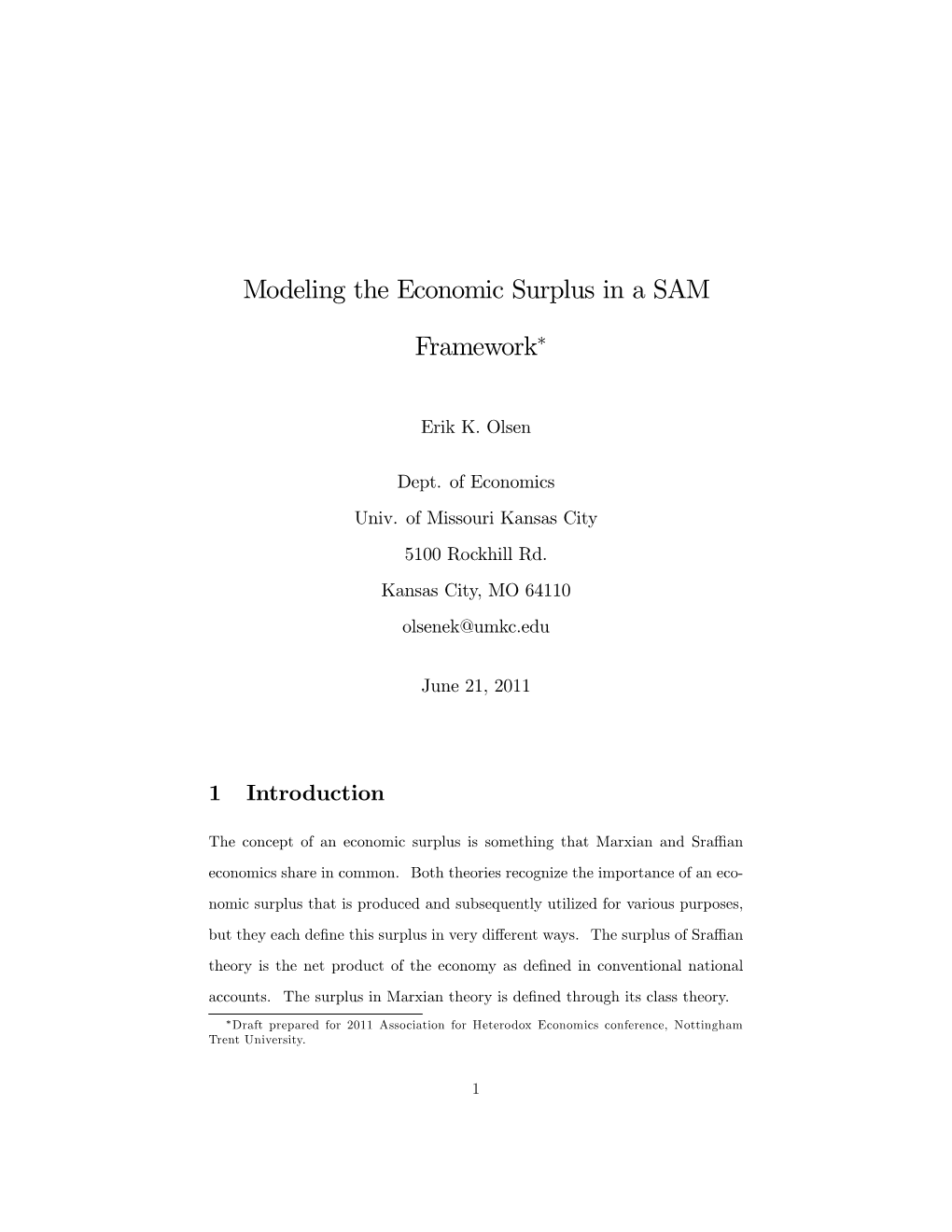 Modeling the Economic Surplus in a SAM