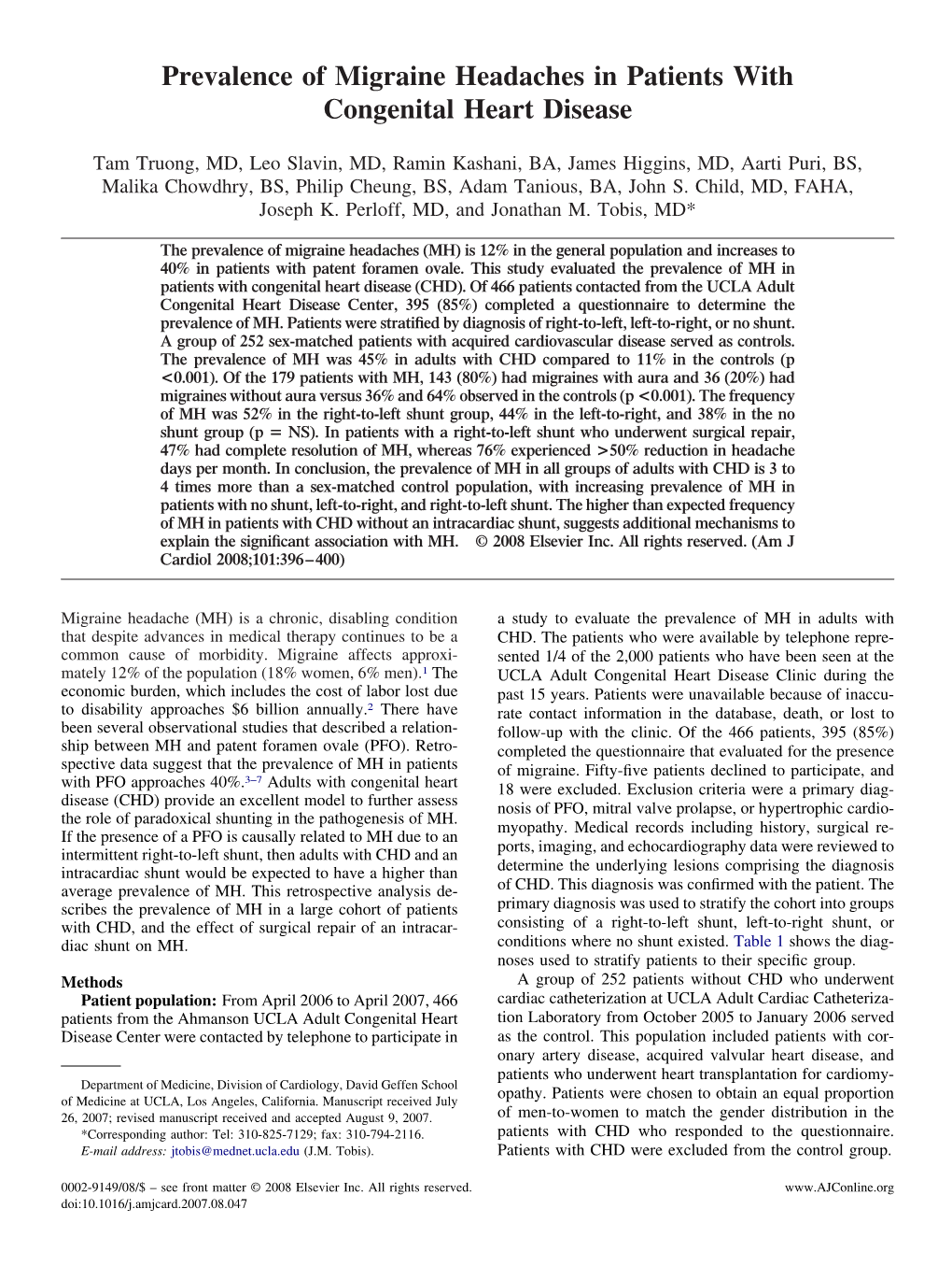 Prevalence of Migraine Headaches in Patients with Congenital Heart Disease