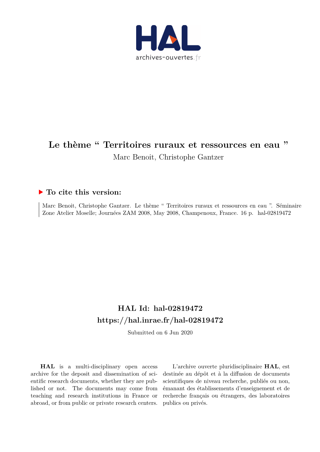 Le Thème `` Territoires Ruraux Et Ressources En Eau ''