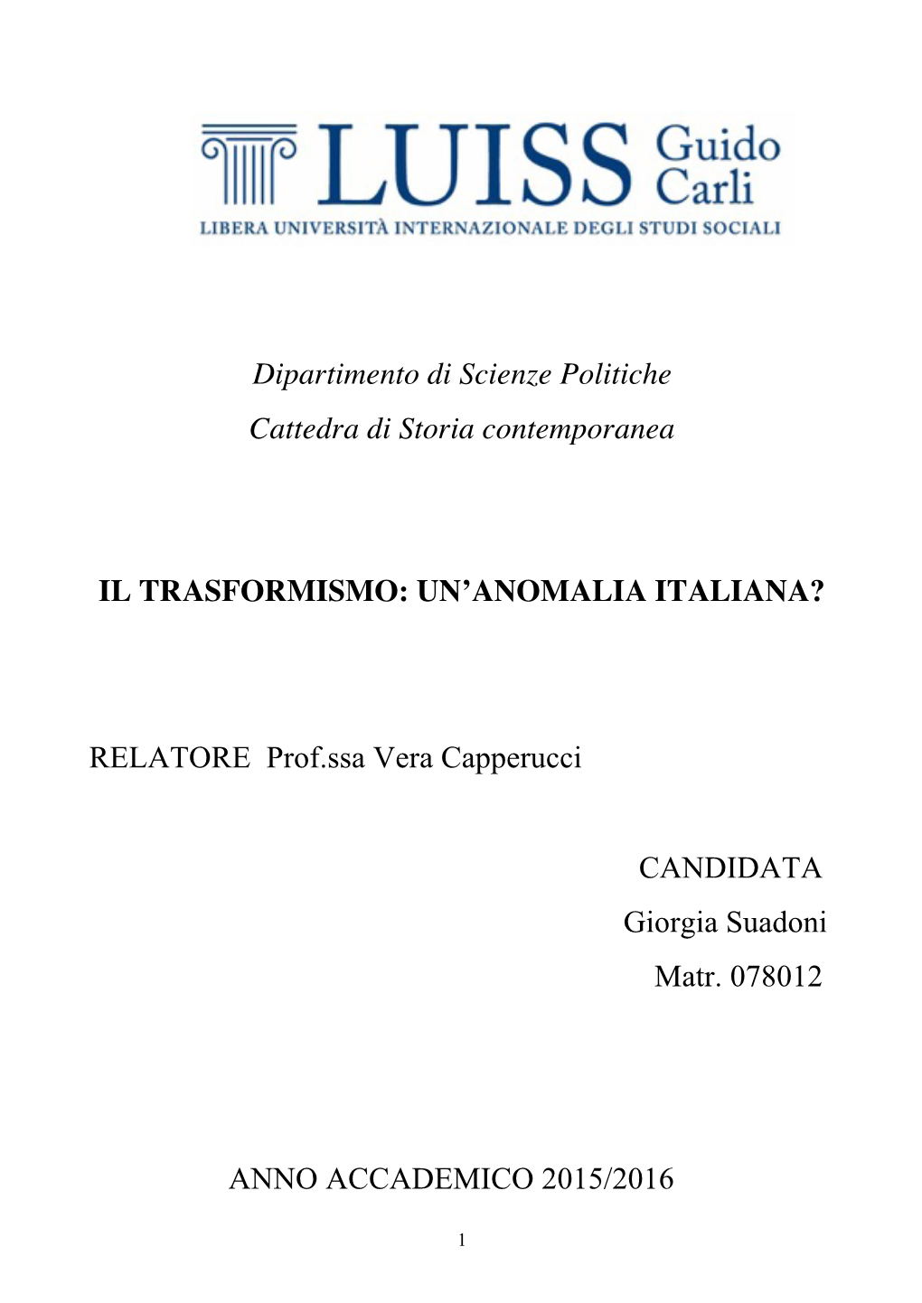 Dipartimento Di Scienze Politiche Cattedra Di Storia Contemporanea