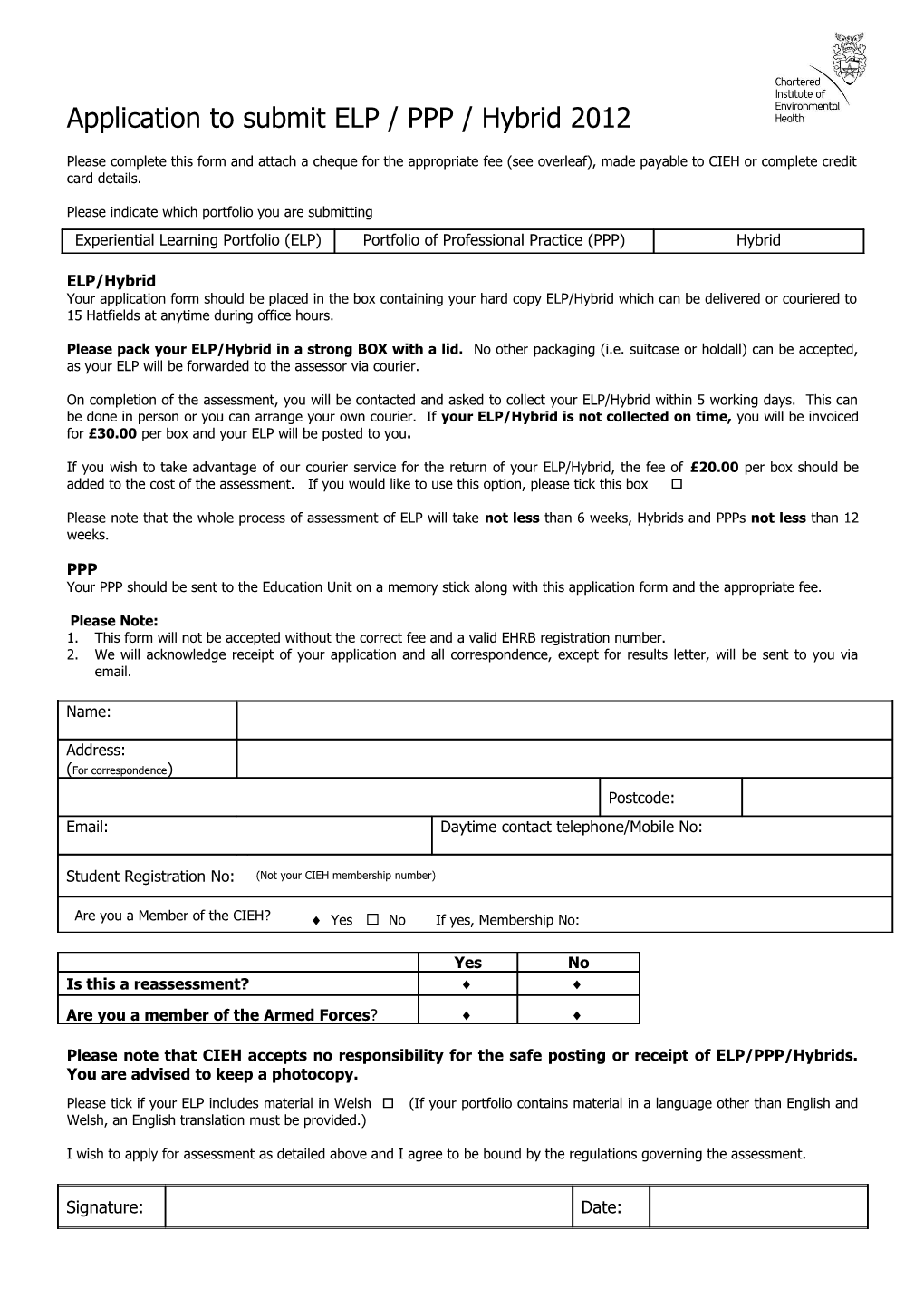 PPP Assessment Application Form 2012