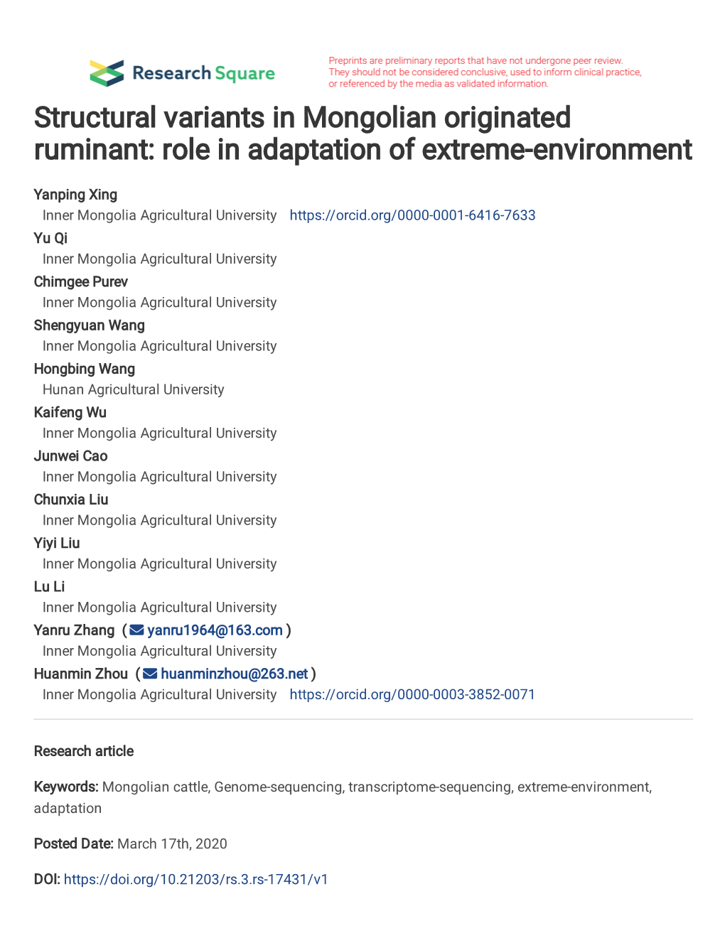 Structural Variants in Mongolian Originated Ruminant: Role in Adaptation of Extreme-Environment