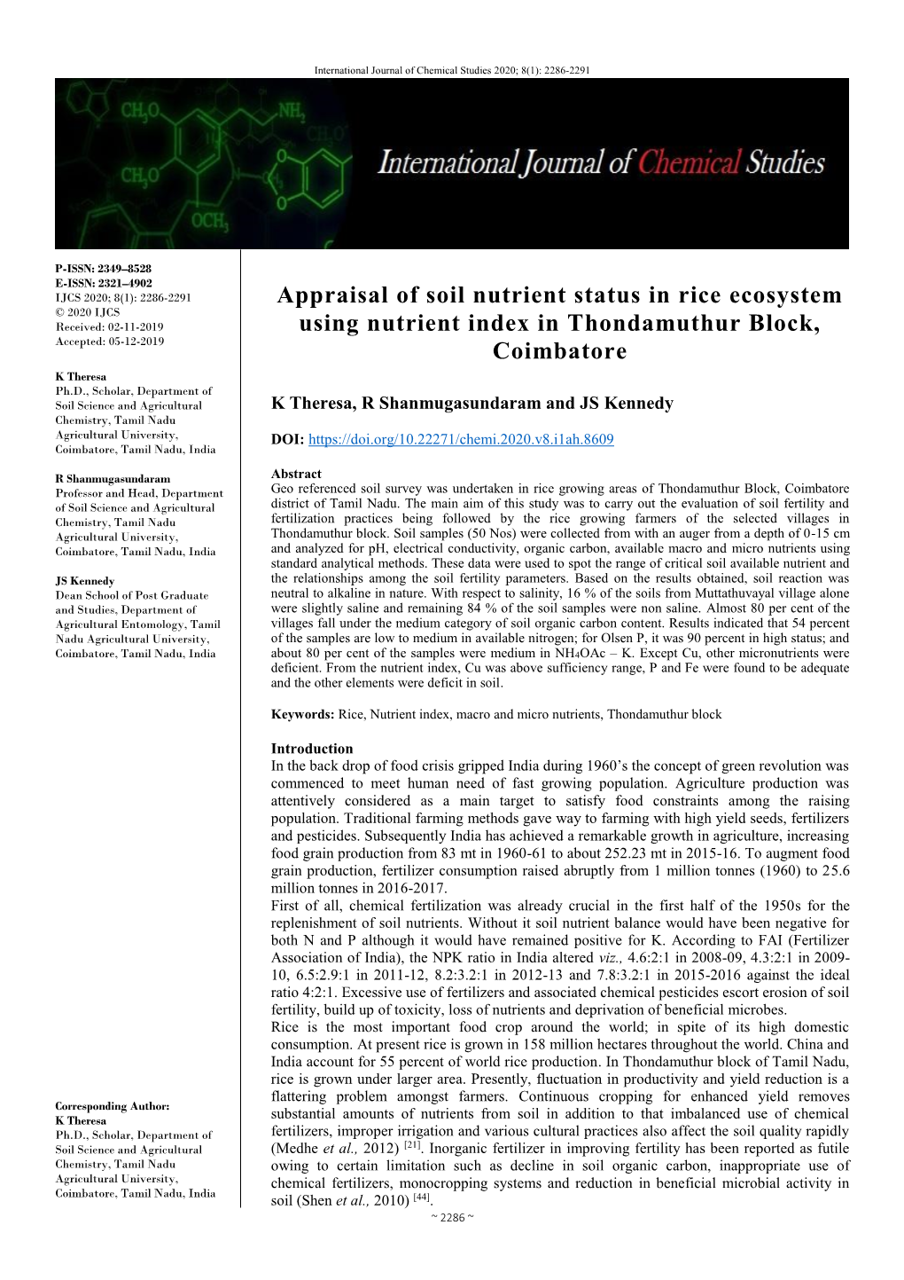 Appraisal of Soil Nutrient Status in Rice Ecosystem Using Nutrient Index In