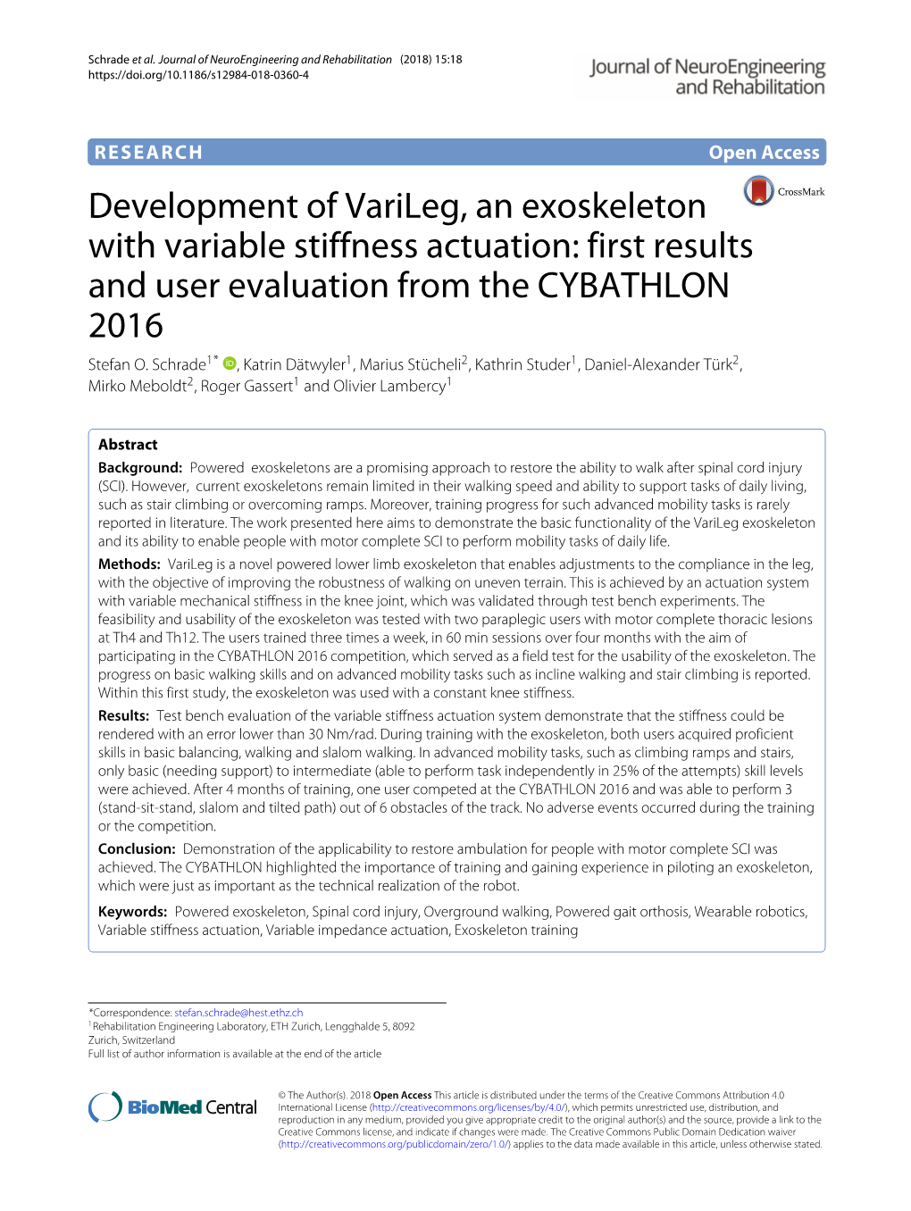 Development of Varileg, an Exoskeleton with Variable Stiffness Actuation: First Results and User Evaluation from the CYBATHLON 2016 Stefan O