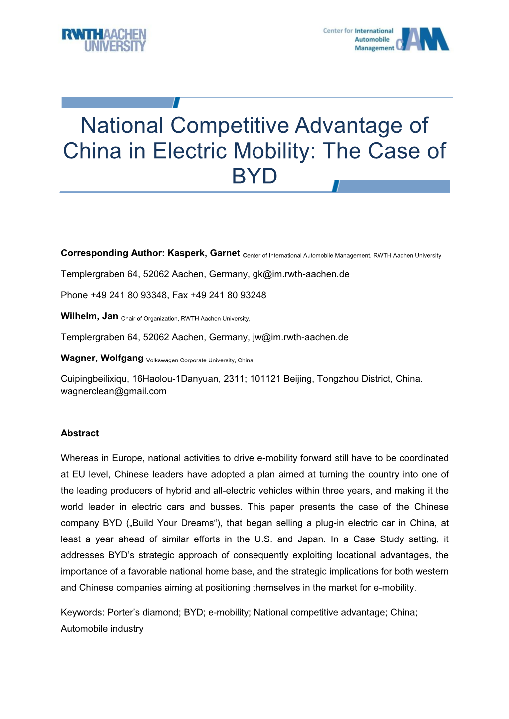 National Competitive Advantage of China in Electric Mobility: the Case of BYD