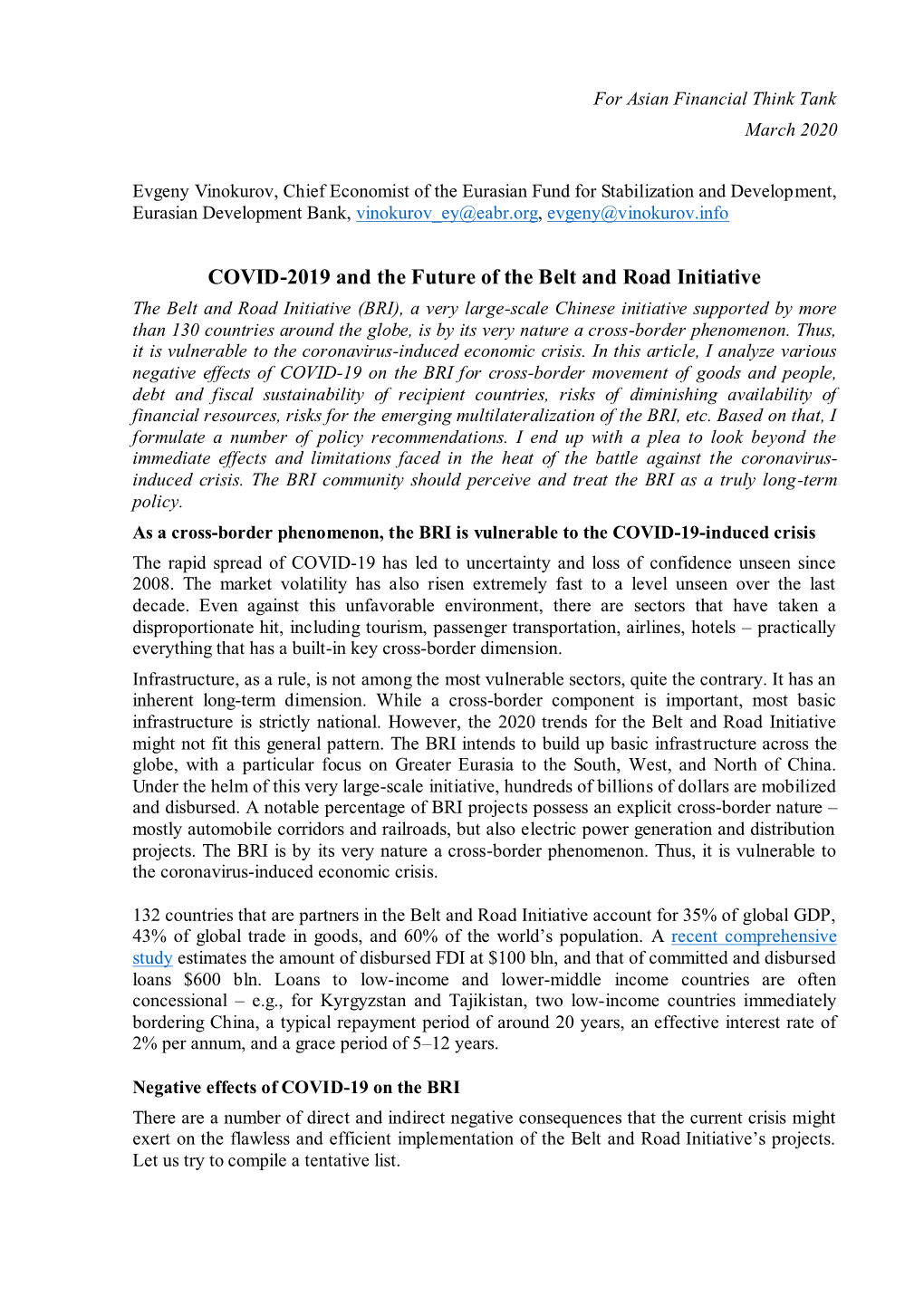COVID-2019 and the Future of the Belt and Road Initiative