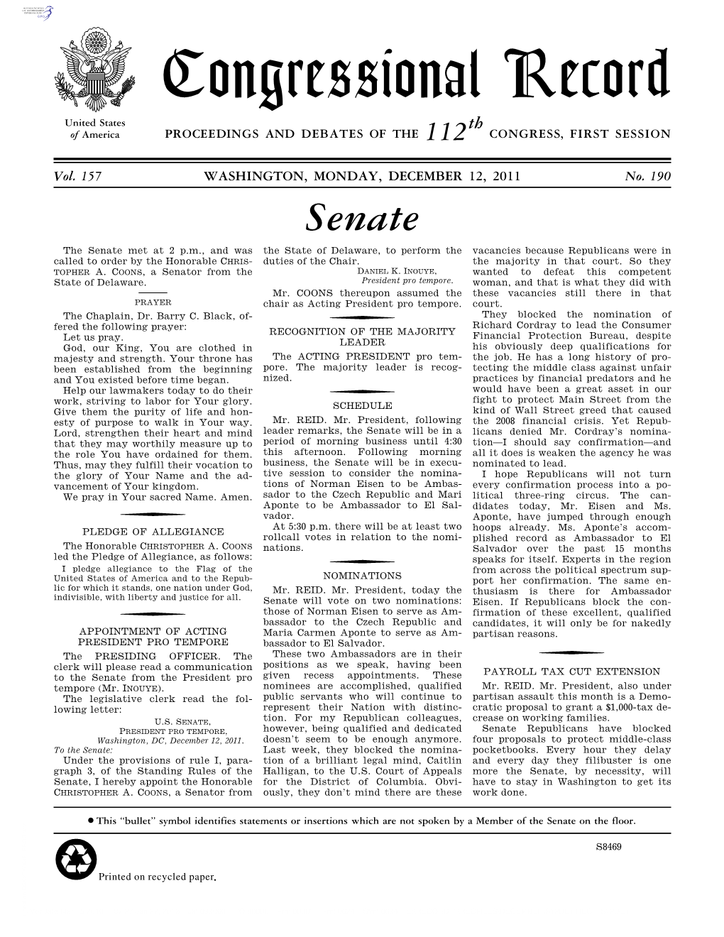 Congressional Record United States Th of America PROCEEDINGS and DEBATES of the 112 CONGRESS, FIRST SESSION