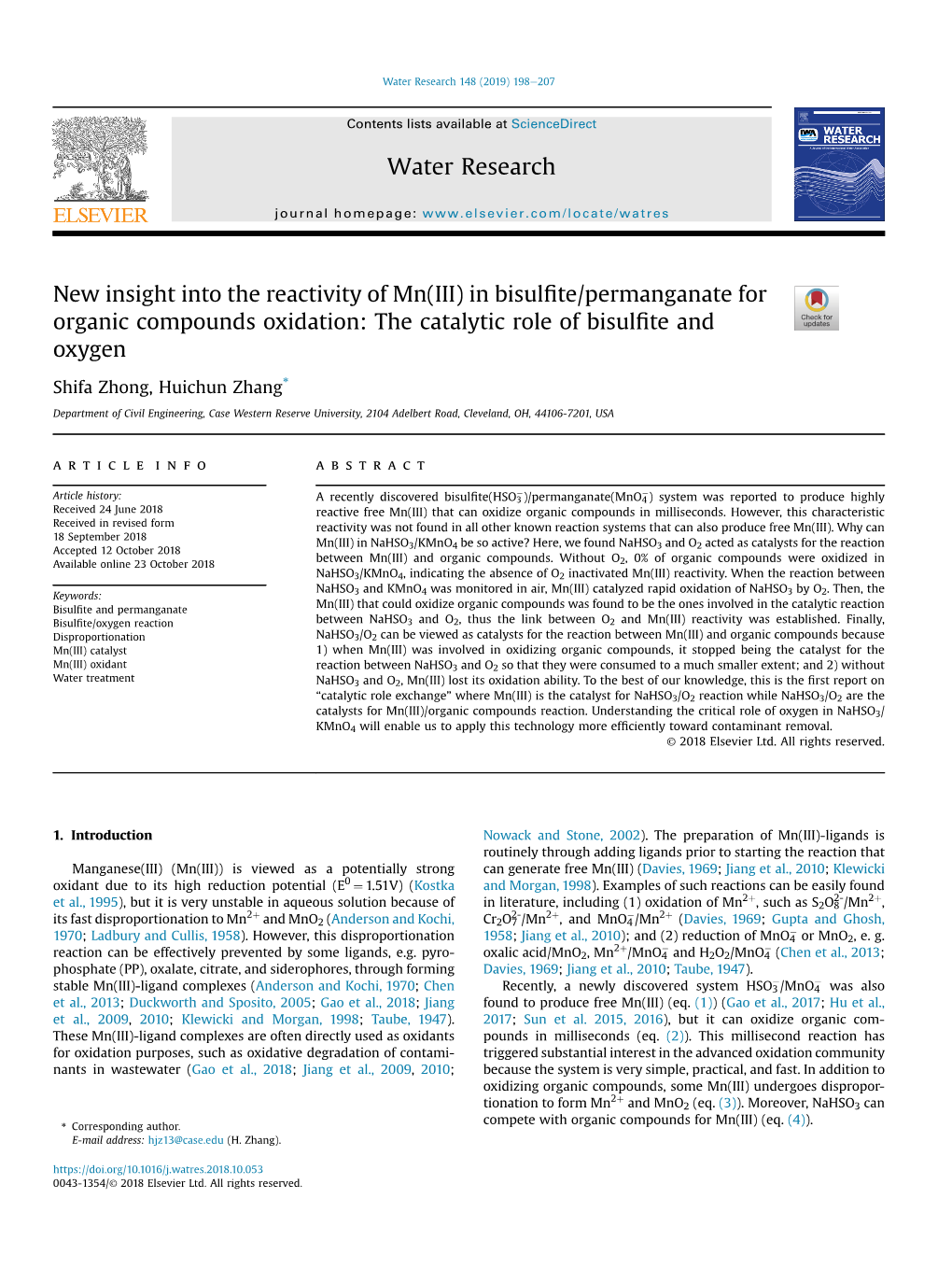 In Bisulfite/Permanganate for Organic Compounds Oxidation