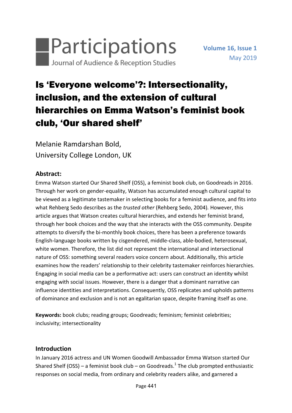 Intersectionality, Inclusion, and the Extension of Cultural Hierarchies on Emma Watson’S Feminist Book Club, ‘Our Shared Shelf’