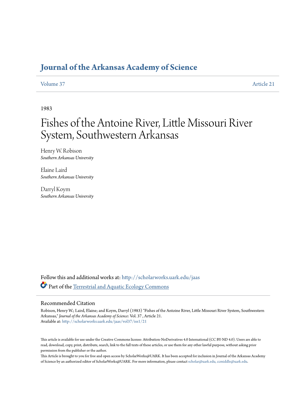 Fishes of the Antoine River, Little Missouri River System, Southwestern Arkansas