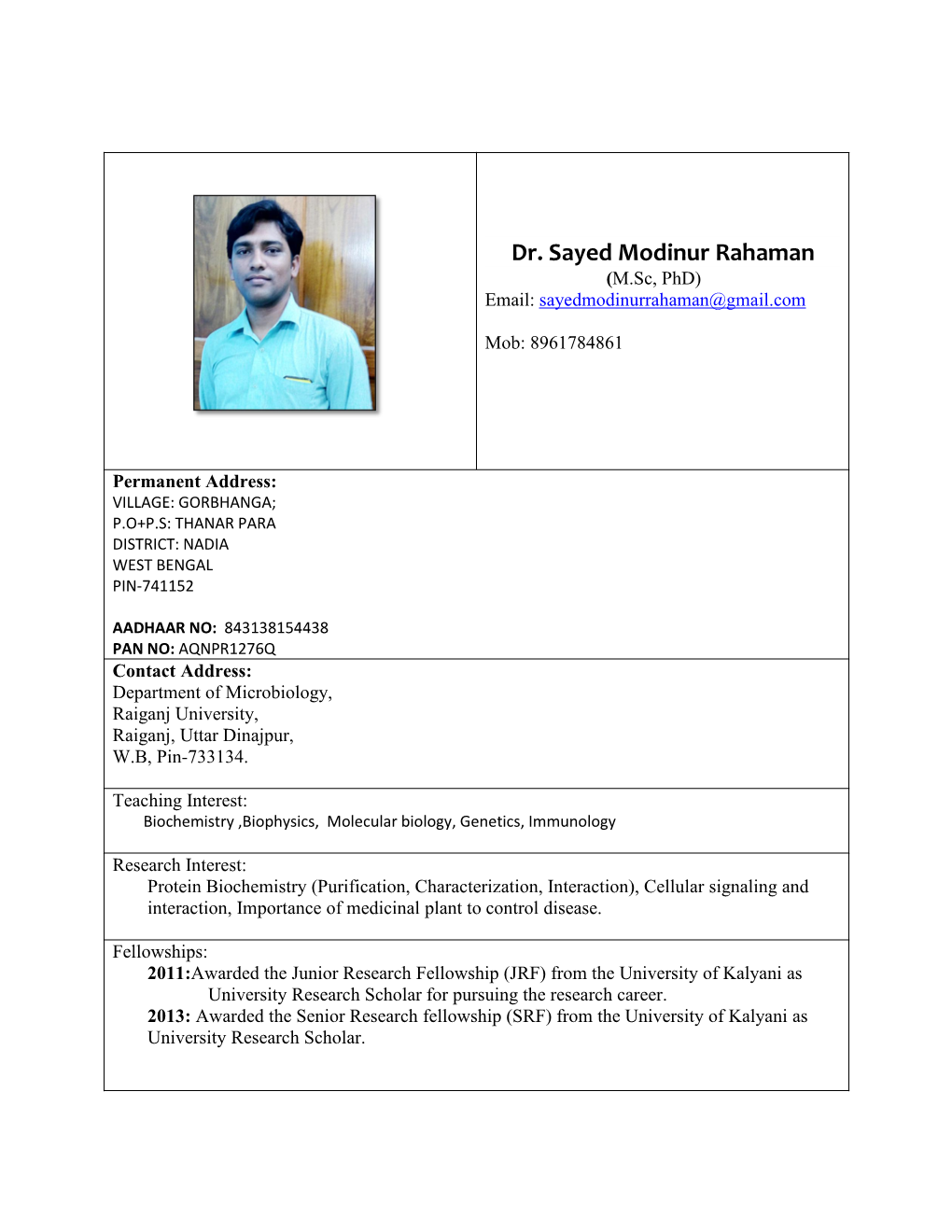 Dr. Sayed Modinur Rahaman (M.Sc, Phd) Email: Sayedmodinurrahaman@Gmail.Com