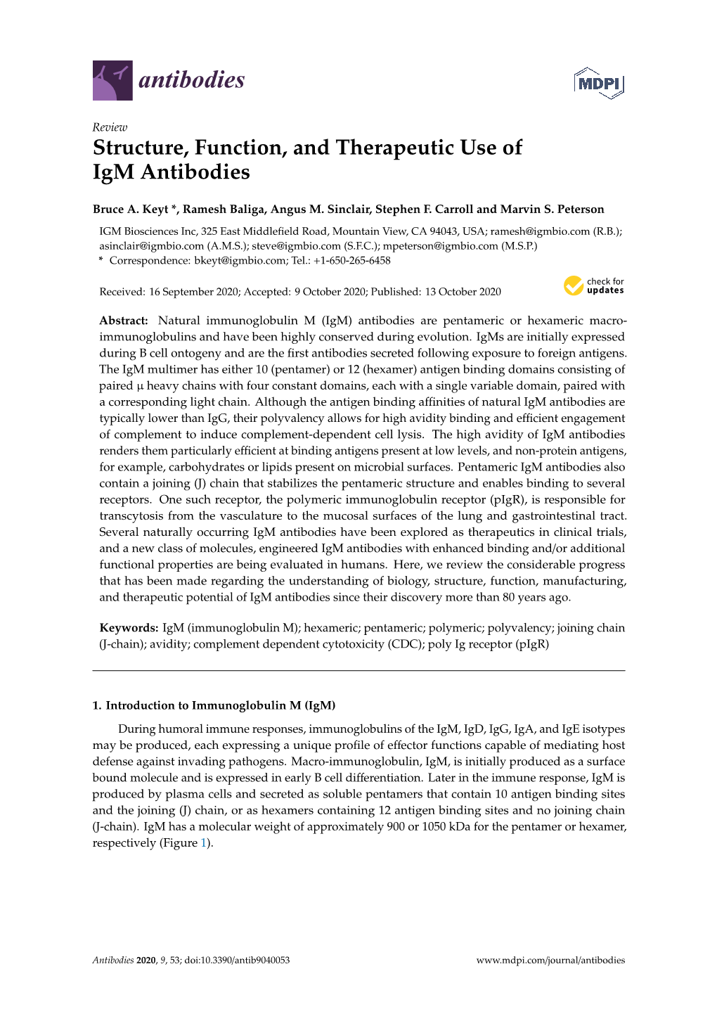 Structure, Function, and Therapeutic Use of Igm Antibodies