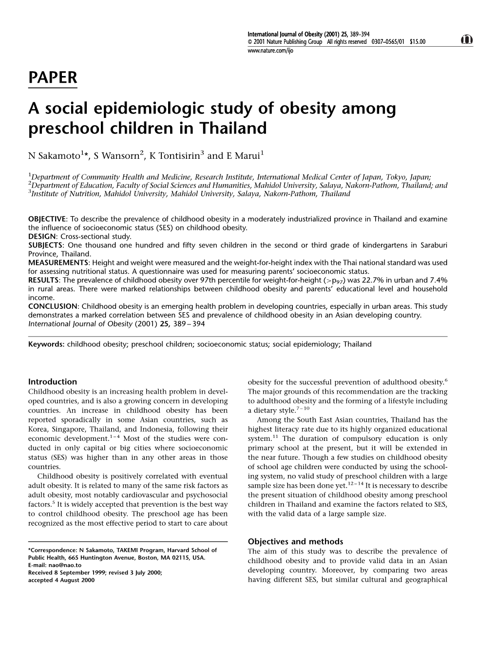 PAPER a Social Epidemiologic Study of Obesity Among Preschool Children in Thailand