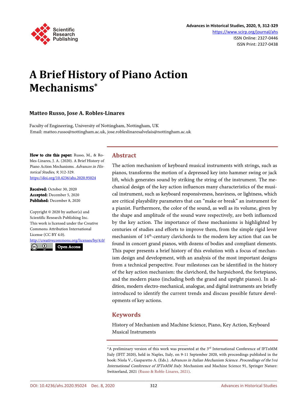 A Brief History of Piano Action Mechanisms*