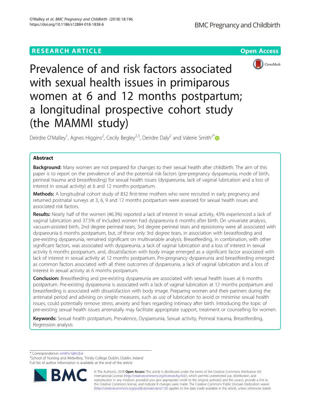 Prevalence of and Risk Factors Associated with Sexual Health Issues in Primiparous Women at 6 and 12 Months Postpartum