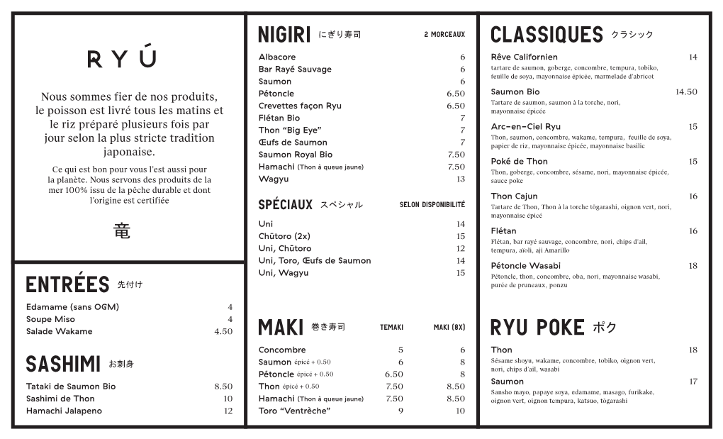 Nigiri Classiques Ryu Poke Sashimi Entrées Maki