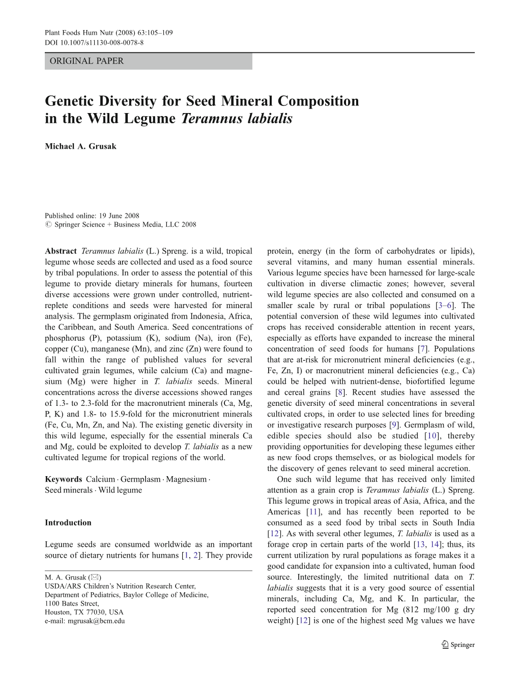 Genetic Diversity for Seed Mineral Composition in the Wild Legume Teramnus Labialis