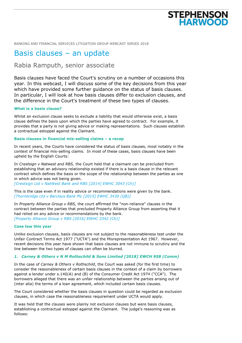 Basis Clauses – an Update Rabia Ramputh, Senior Associate