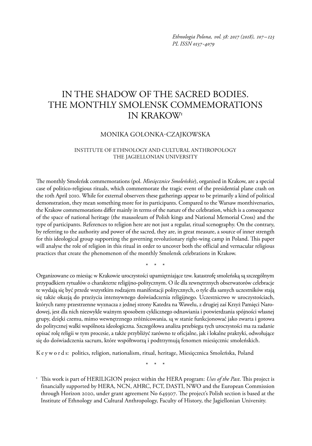 In the Shadow of the Sacred Bodies. the Monthly Smolensk Commemorations in Krakow1