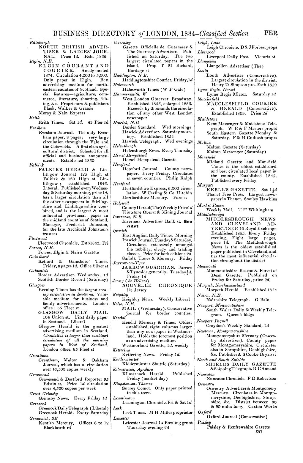 BUSINESS DIRECTORY of LONDON, 1884-Classijied Section PER Edi11burgh Guernsey Le