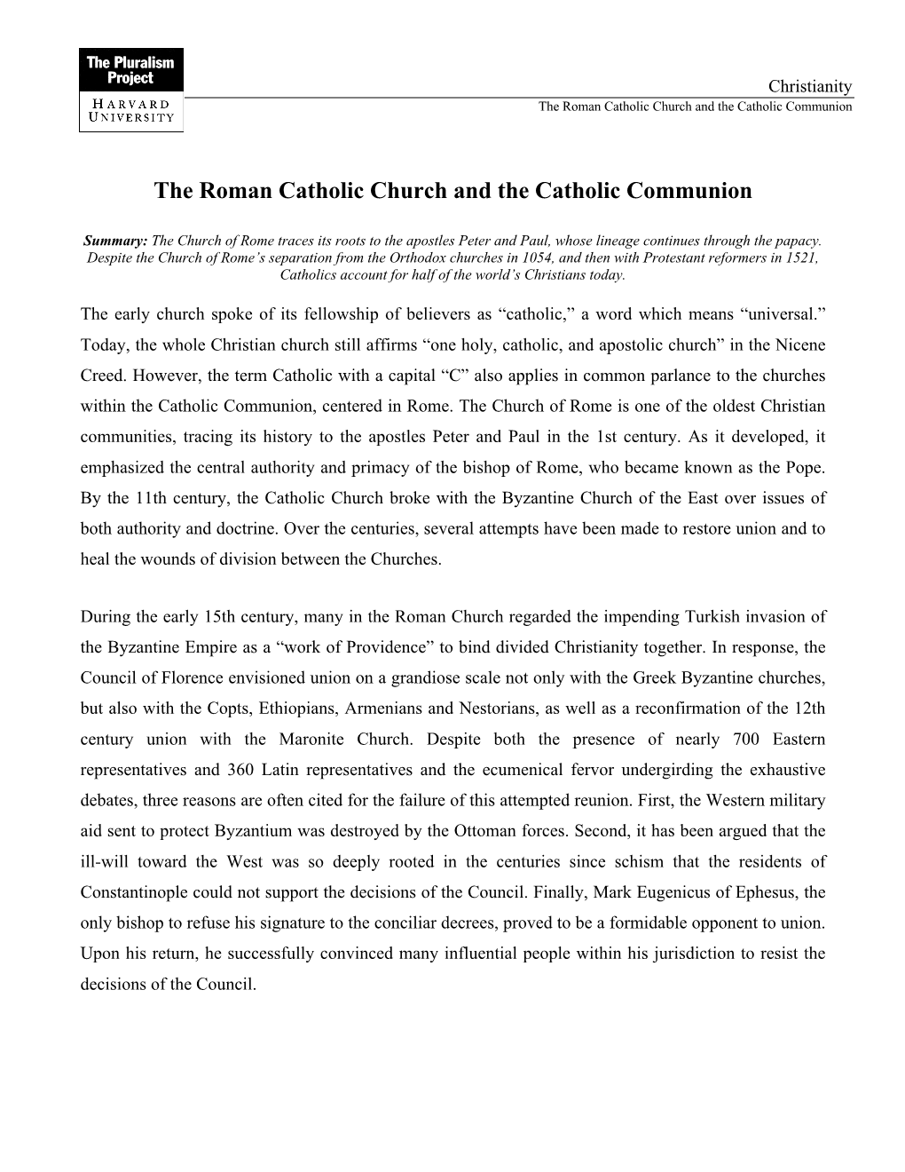 The Roman Catholic Church and the Catholic Communion