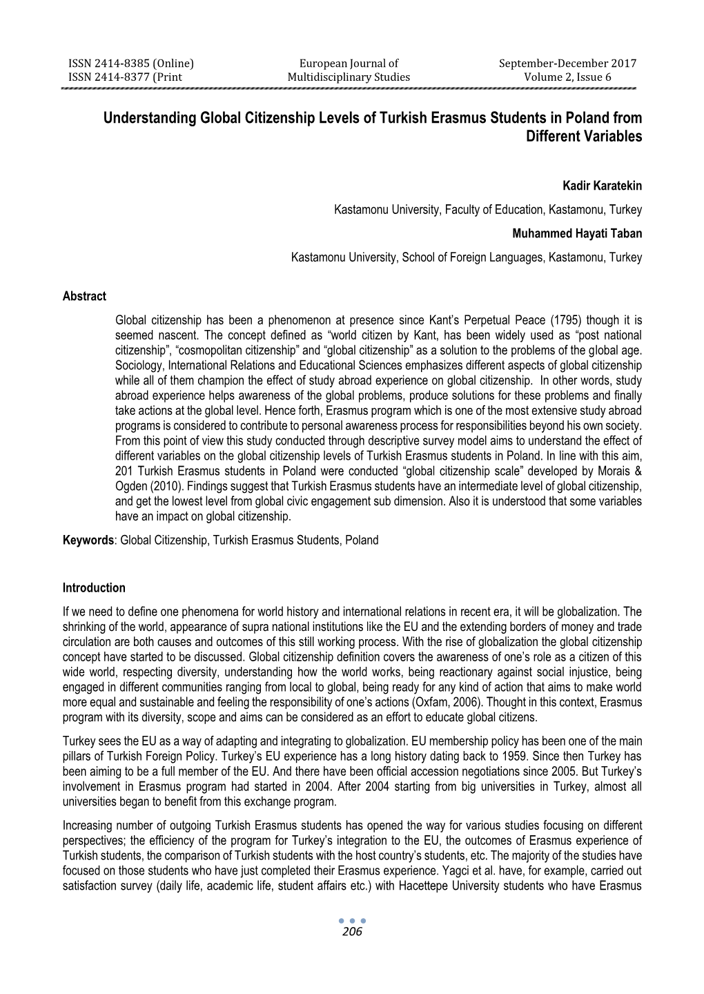 Understanding Global Citizenship Levels of Turkish Erasmus Students in Poland from Different Variables