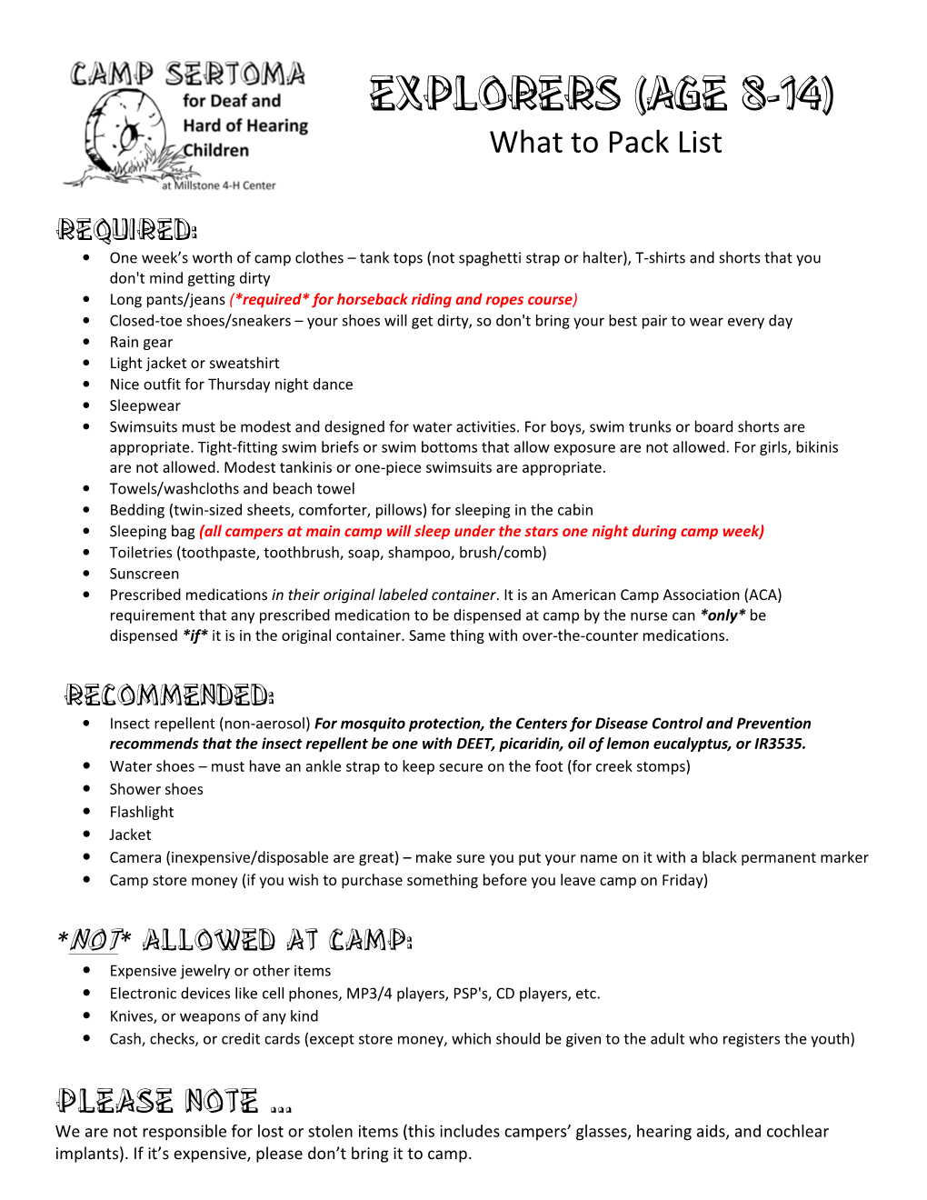 What to Pack Lists (Pdf) Download