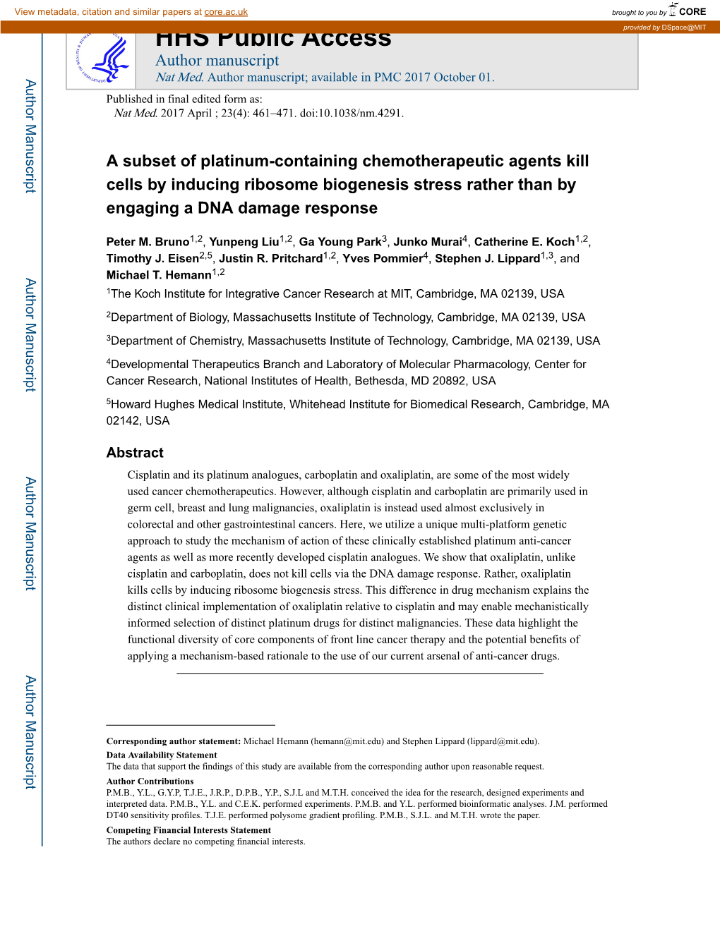 A Subset of Platinum-Containing Chemotherapeutic Agents Kill Cells by Inducing Ribosome Biogenesis Stress Rather Than by Engaging a DNA Damage Response