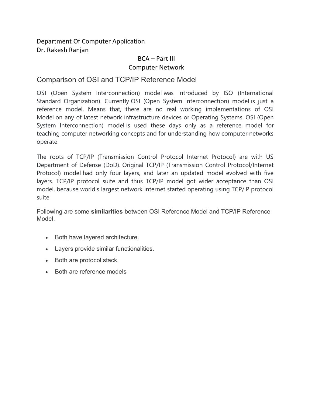 Comparison of OSI and TCP/IP Reference Model