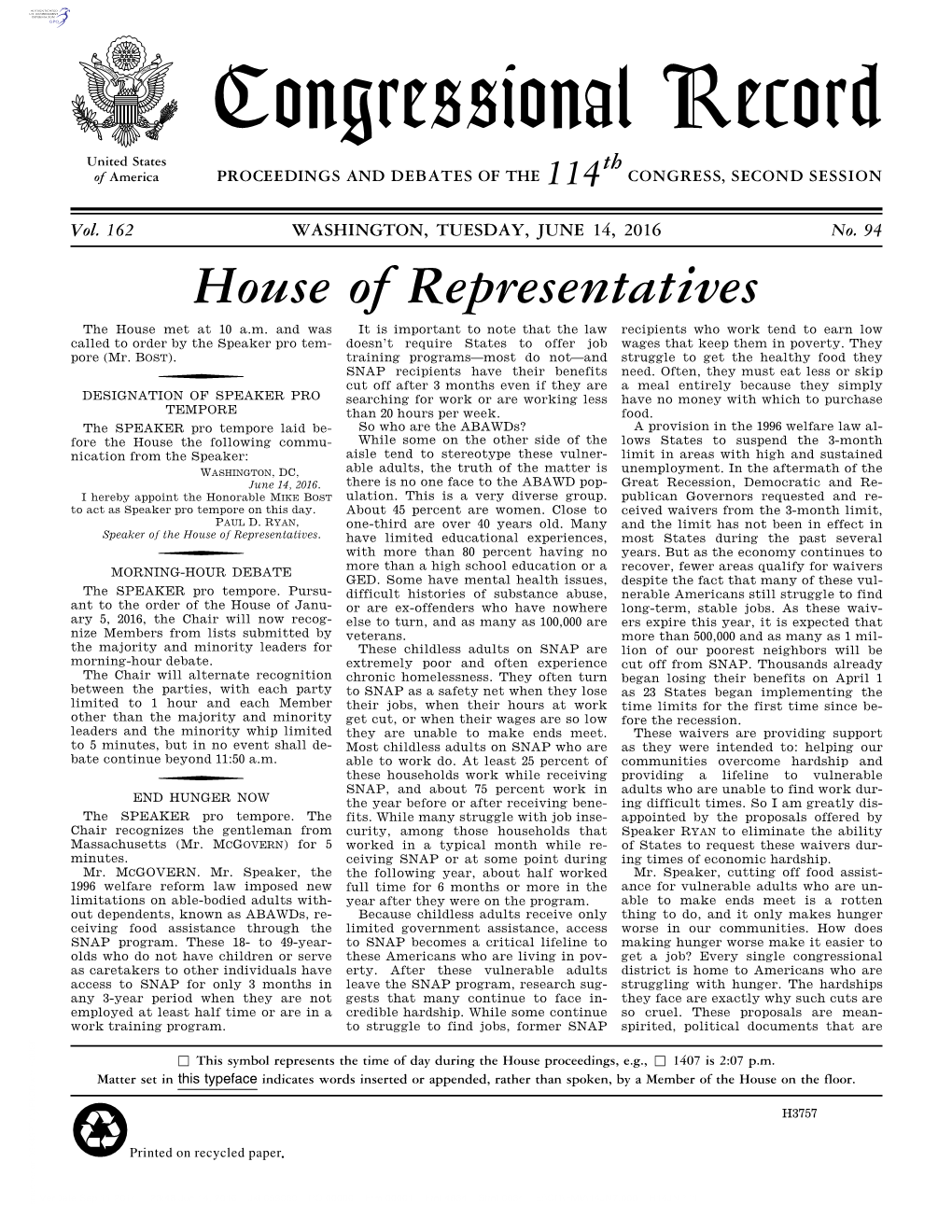 Congressional Record United States Th of America PROCEEDINGS and DEBATES of the 114 CONGRESS, SECOND SESSION