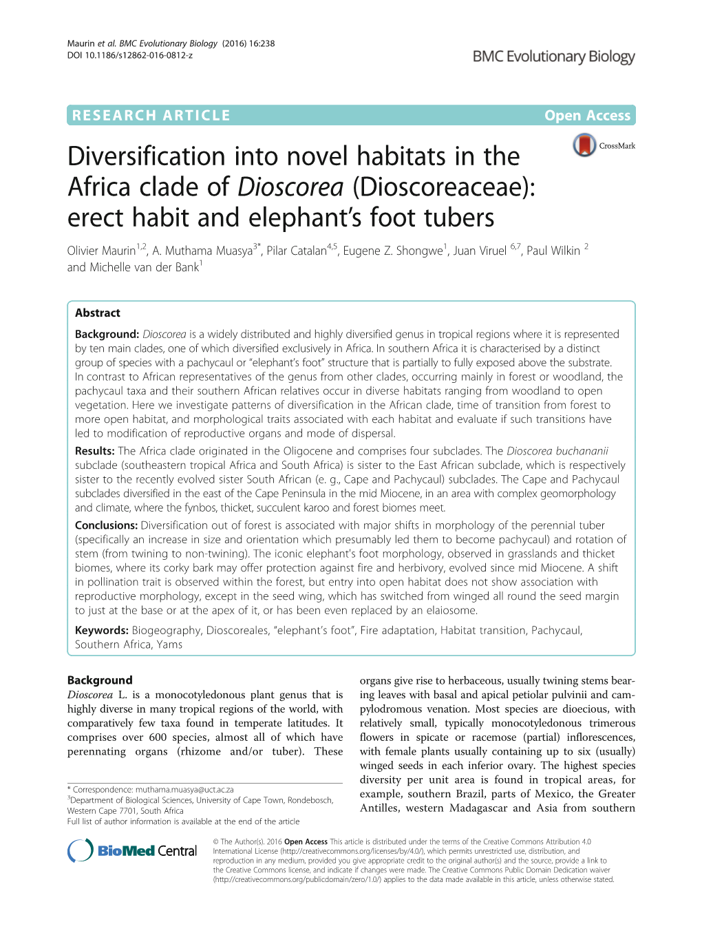 Diversification Into Novel Habitats in the Africa Clade of Dioscorea (Dioscoreaceae): Erect Habit and Elephant’S Foot Tubers Olivier Maurin1,2, A