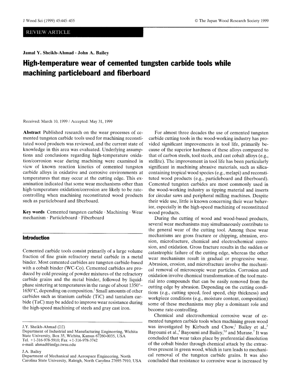 High-Temperature Wear of Cemented Tungsten Carbide Tools While Machining Particleboard and Fiberboard