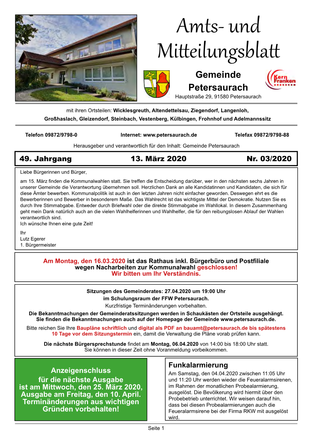 Amtsblatt Gemeinde Petersaurach Ausgabe 3/2020