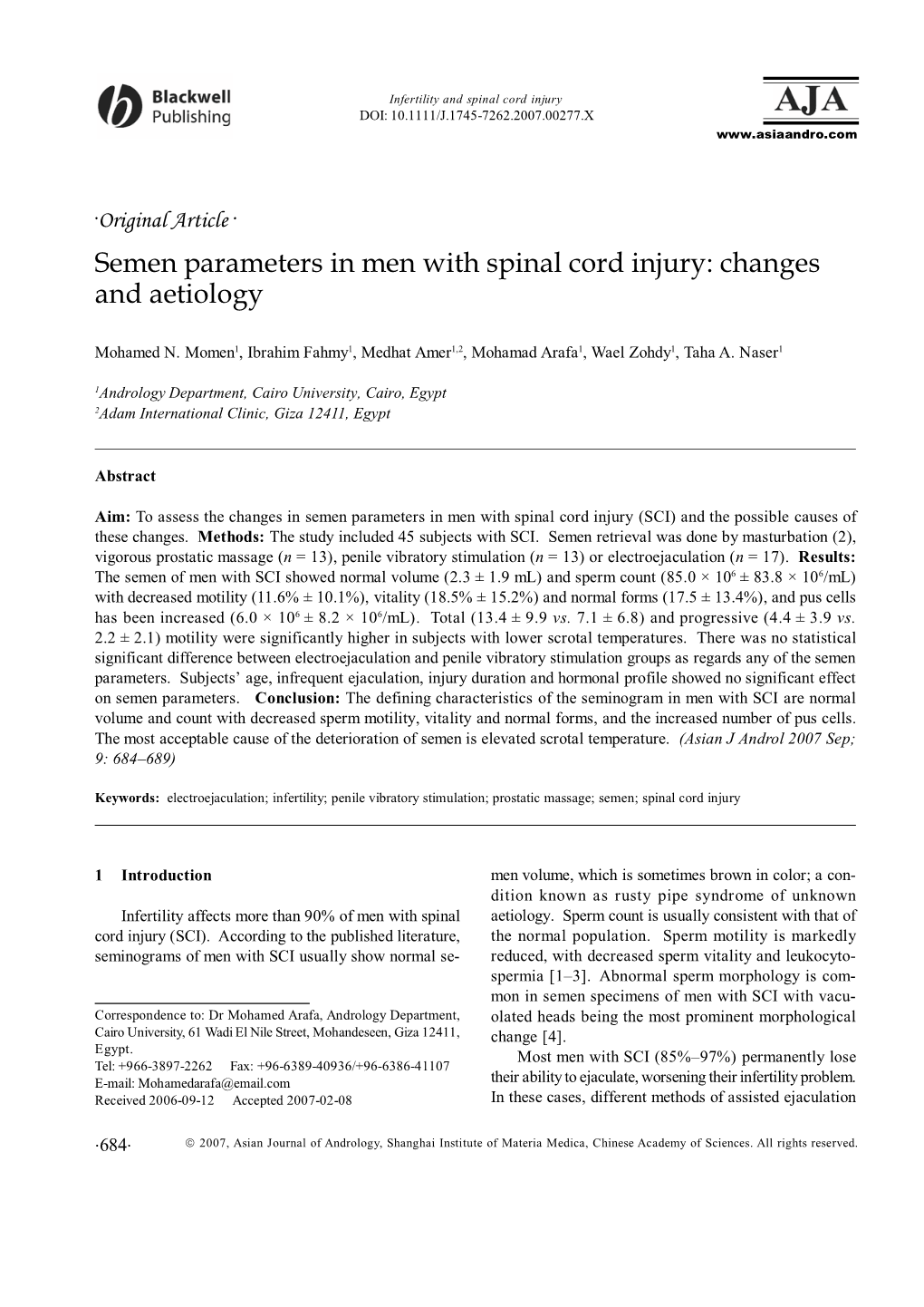 Semen Parameters in Men with Spinal Cord Injury: Changes and Aetiology