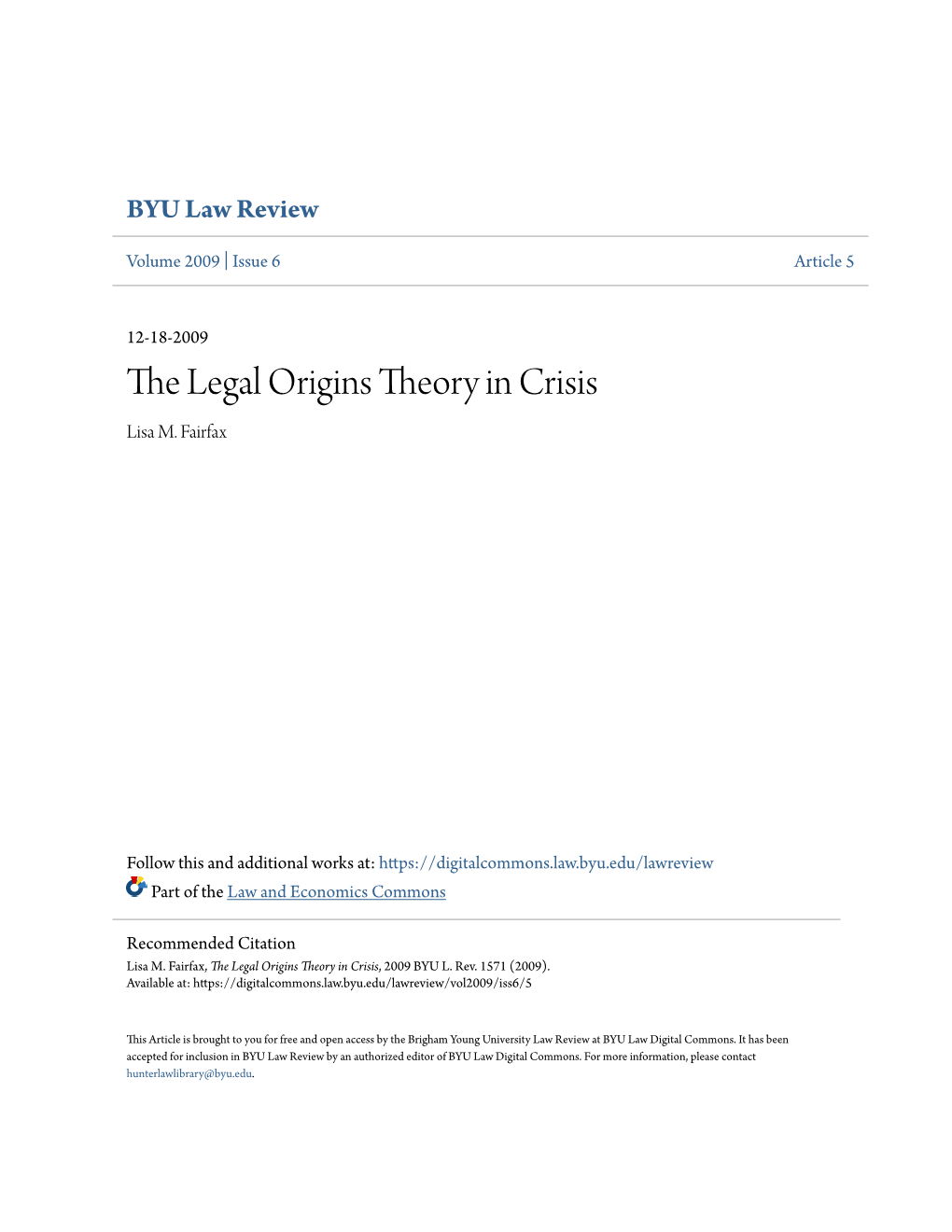 The Legal Origins Theory in Crisis Lisa M