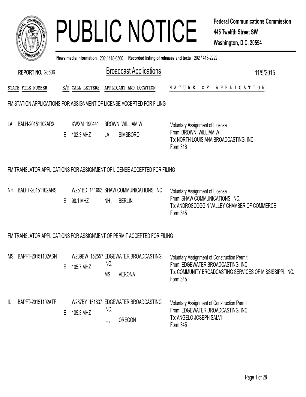 Broadcast Applications 11/5/2015