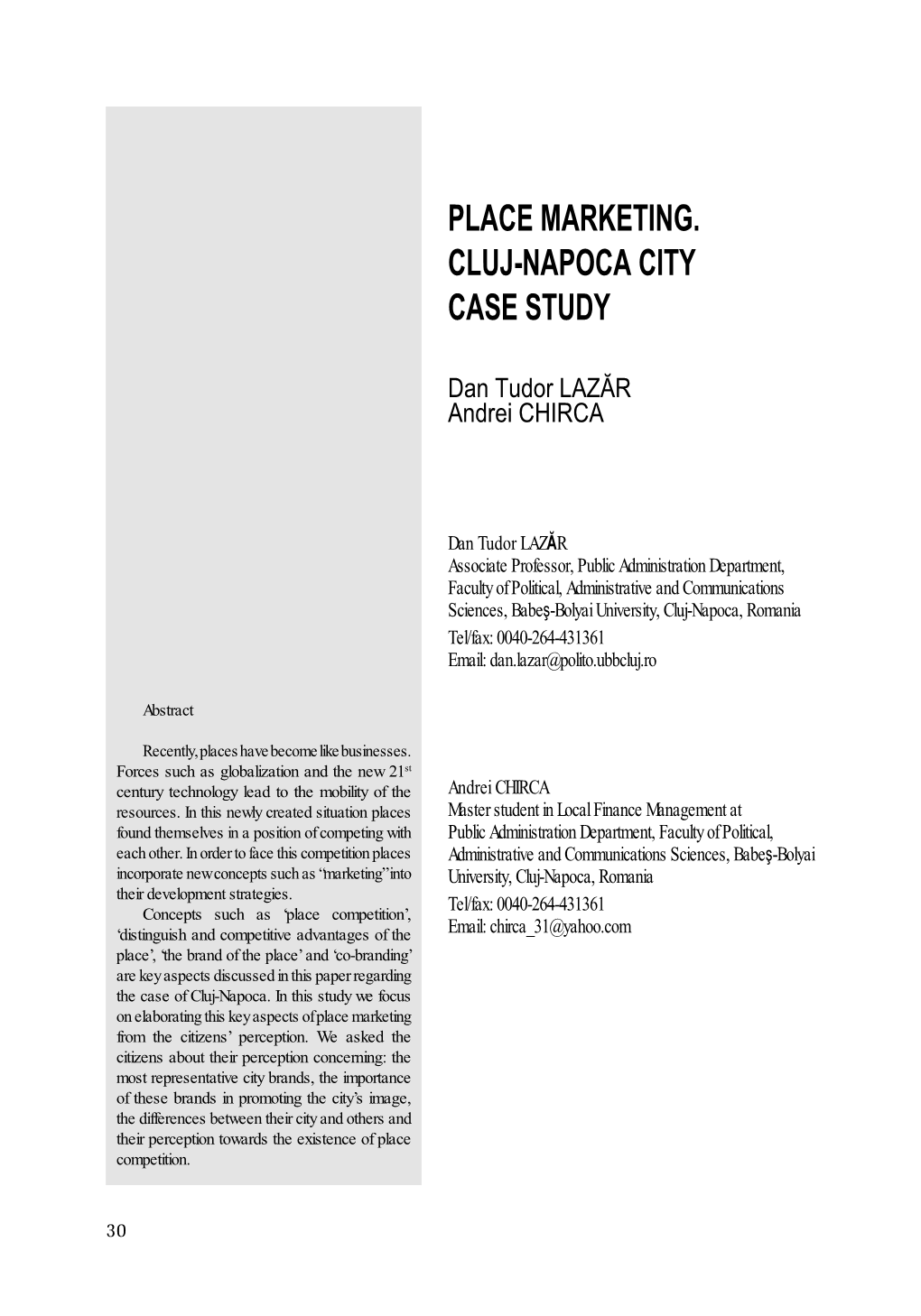 Place Marketing. Cluj-Napoca City Case Study