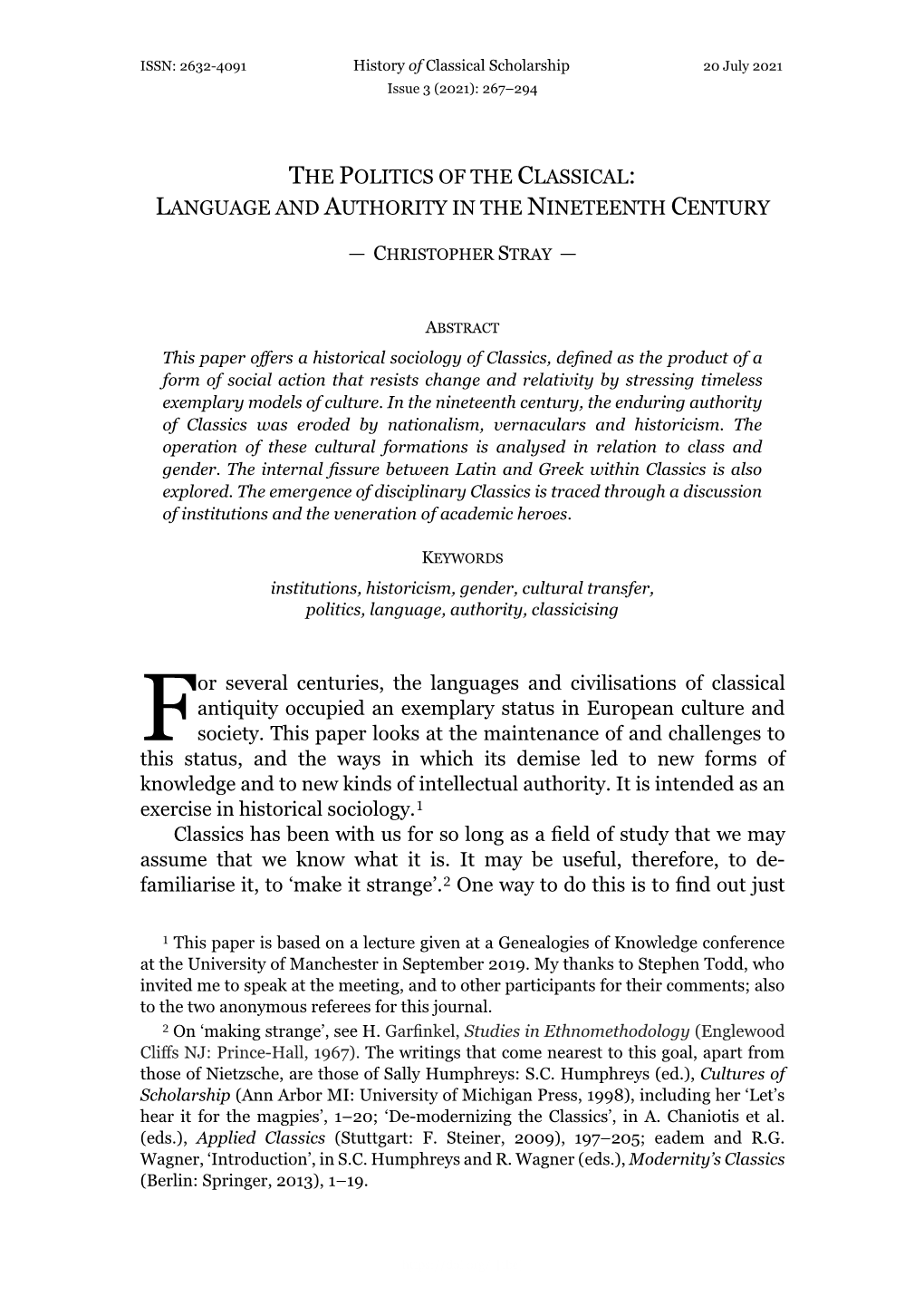 The Politics of the Classical: Language and Authority in the Nineteenth Century