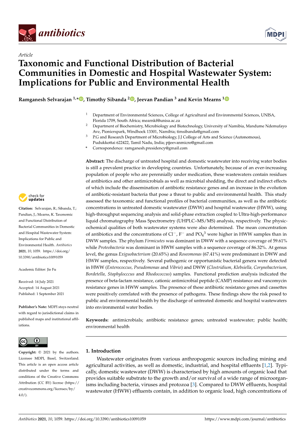 Taxonomic and Functional Distribution of Bacterial Communities in Domestic and Hospital Wastewater System: Implications for Public and Environmental Health