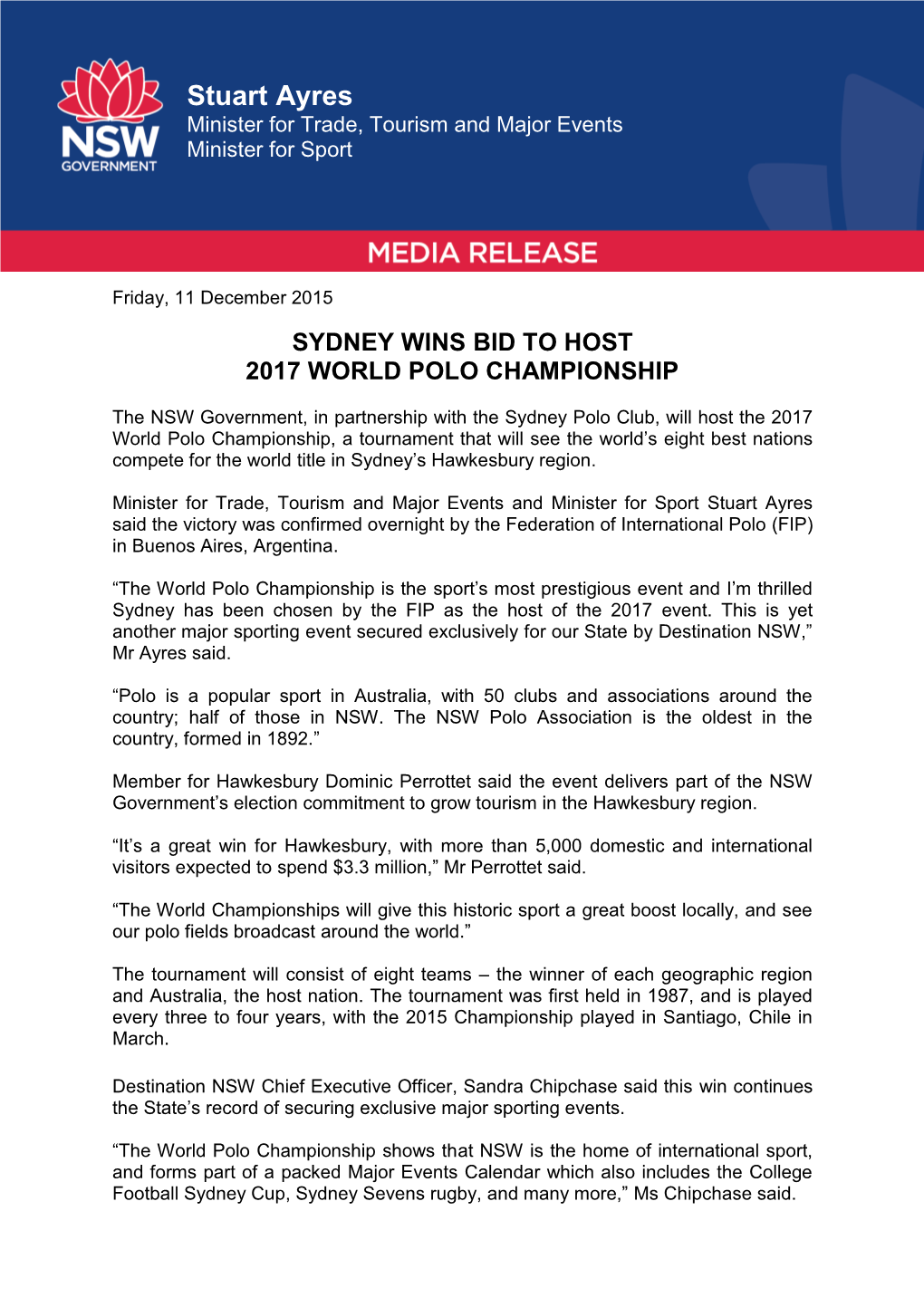 Sydney Wins Bid to Host 2017 World Polo Championship