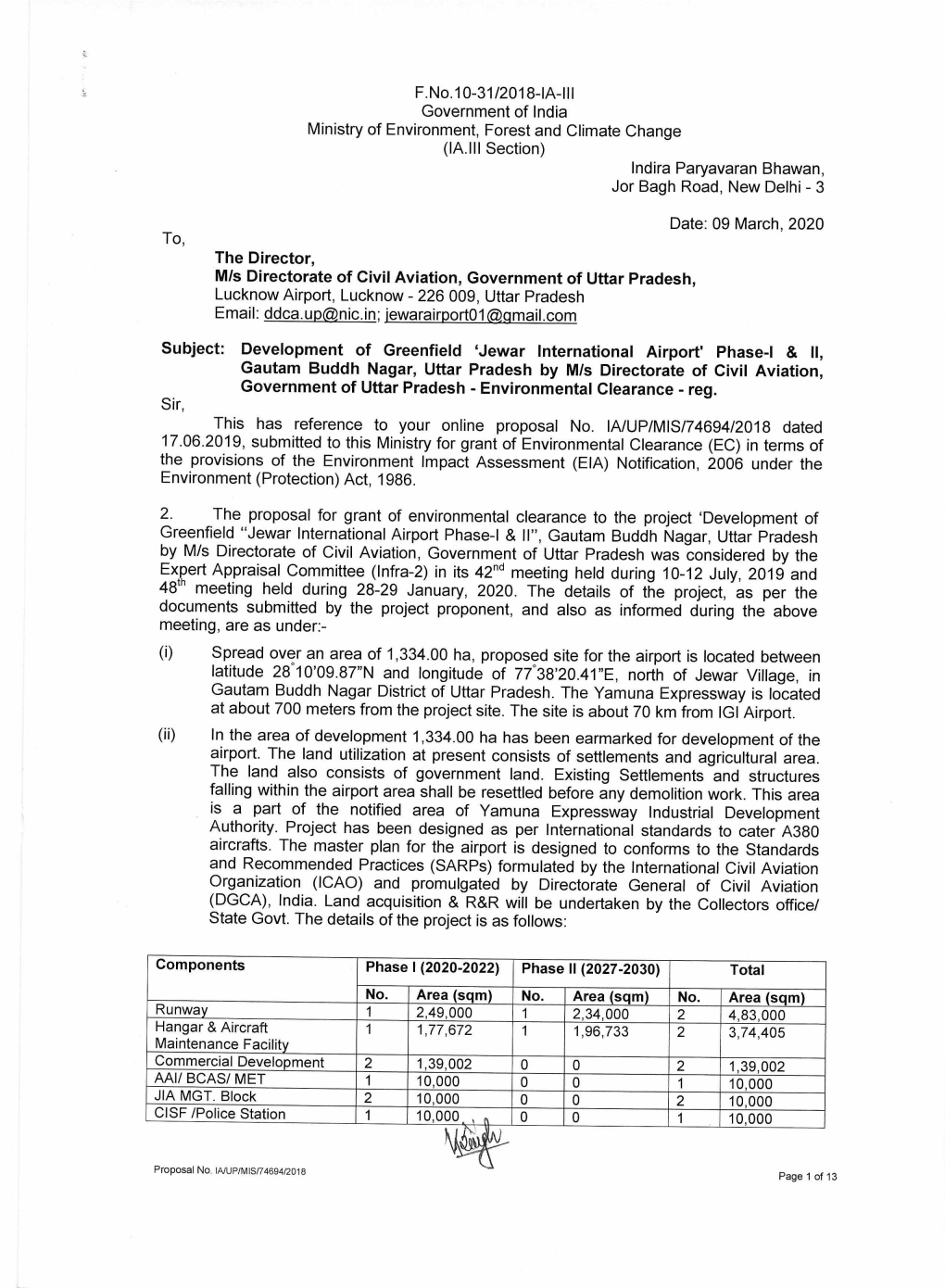 F.No.10-31/2018-1A-111 Government of India Ministry of Environment, Forest and Climate Change (IA.III Section) Indira Paryavaran Bhawan, Jor Bagh Road, New Delhi - 3