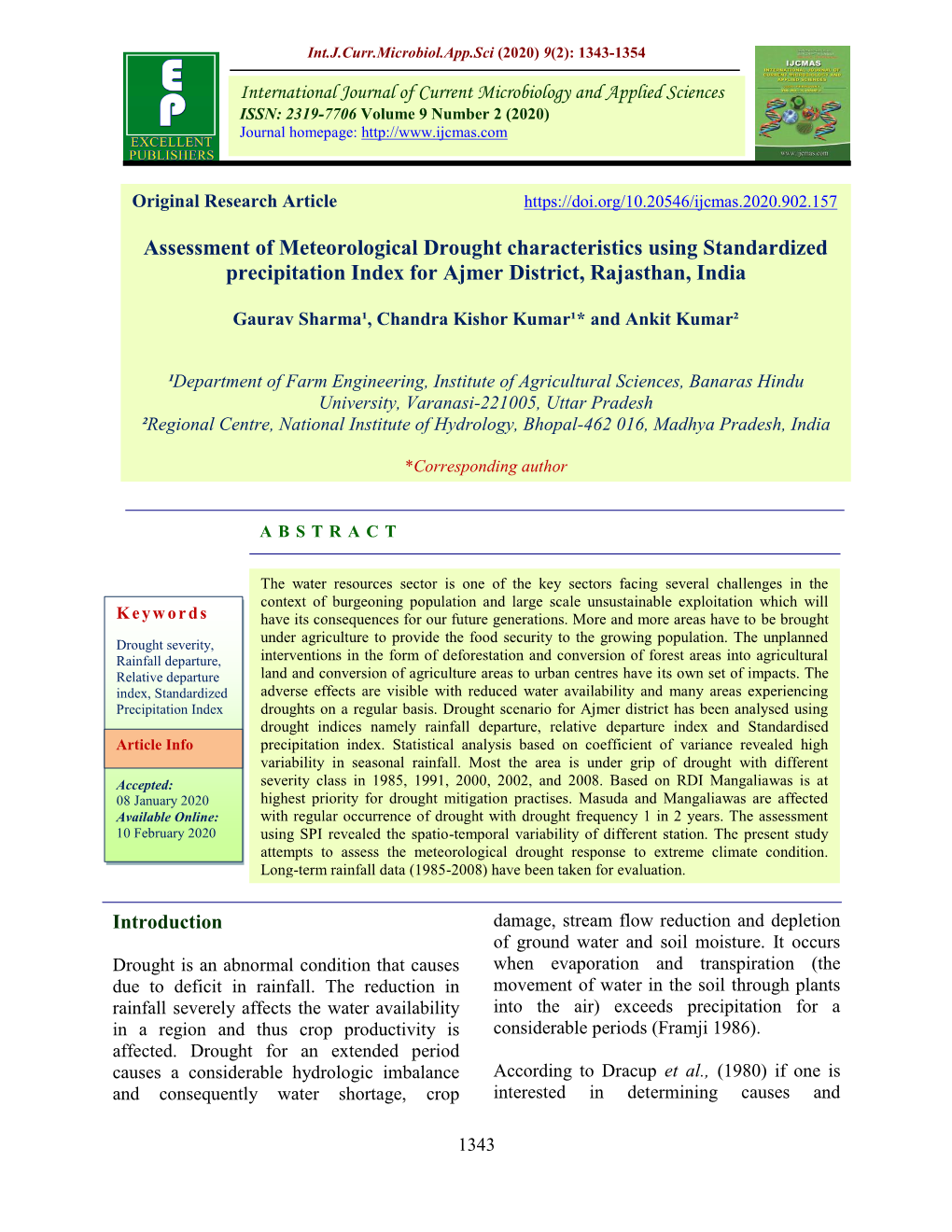 Assessment of Meteorological Drought Characteristics Using Standardized Precipitation Index for Ajmer District, Rajasthan, India